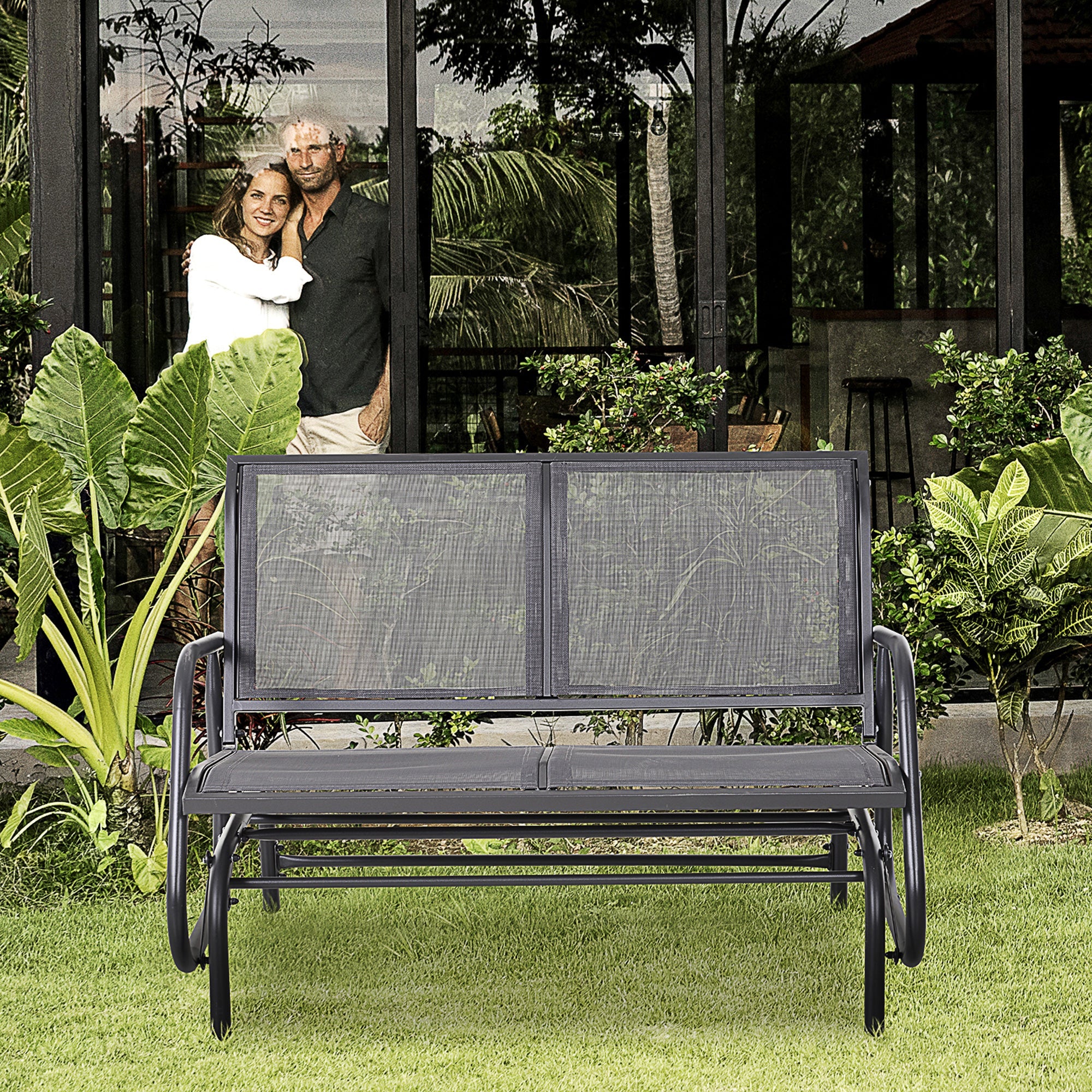 Outsunny Patio Double Glider Outdoor Steel Sling Fabric Gliding Bench Garden Swing Chair Heavy-Duty Porch Rocker Garden Loveseat Grey 