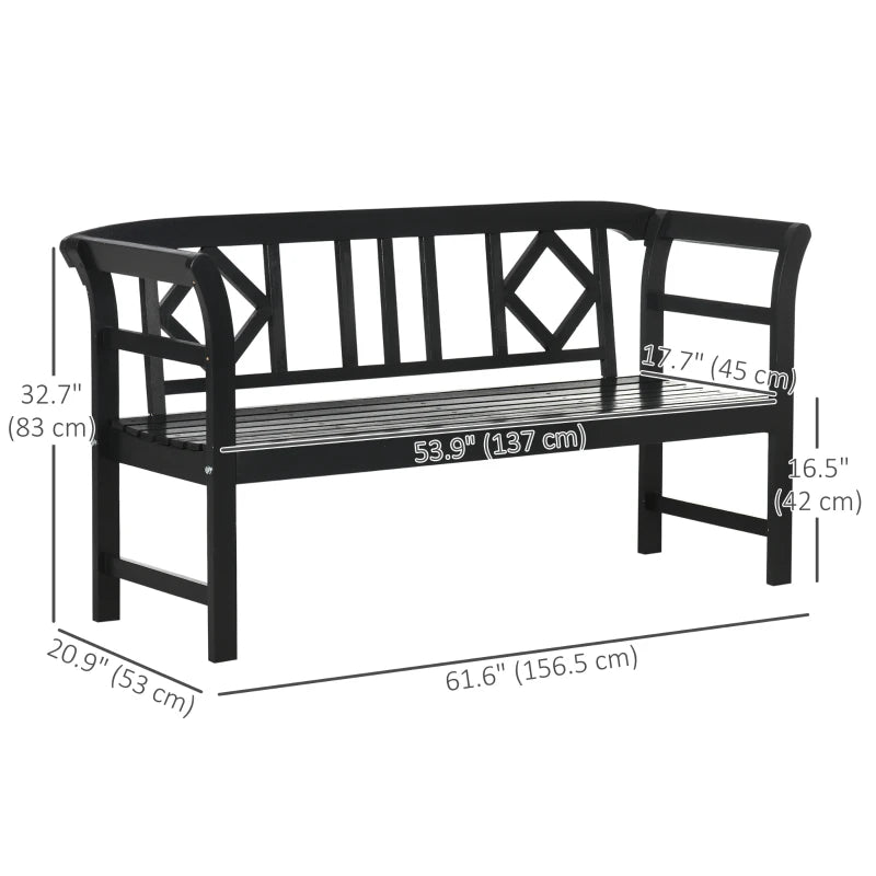 Wooden Outdoor Bench, 3 Person Patio Garden Bench with Diamond Pattern Backrest, Slatted Seat, 792 LBS Capacity, Black