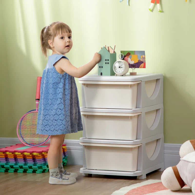 Qaba 3 Tier Kids Toy Organizer and Storage Bins with 3 Plastic Drawers, Cream White