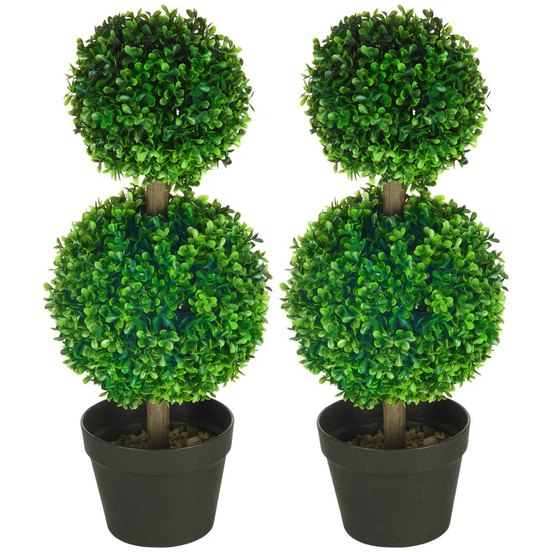 Artificial Boxwood Topiary Tree Set of 2, Faux Boxwood Ball Trees in Pot, Fake Plant for Indoor Outdoor Decor, Green