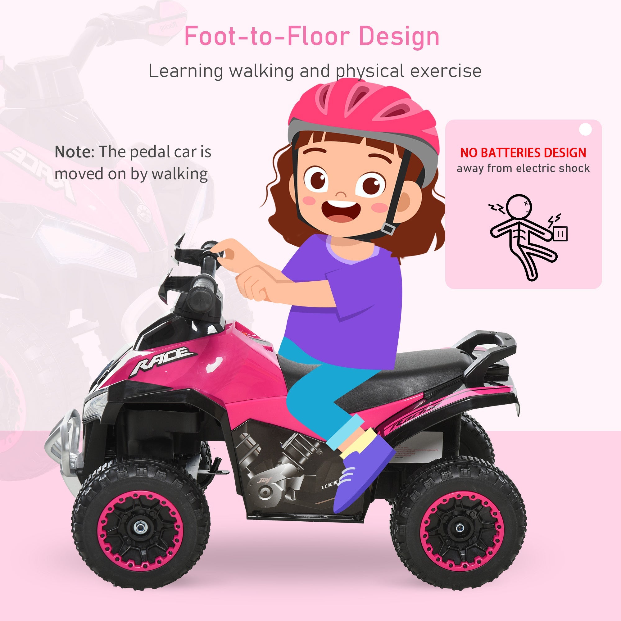 Aosom Kids Ride-On Motorcycle Toy 4 Wheels Walker No Power Foot To Floor with Music and Light 