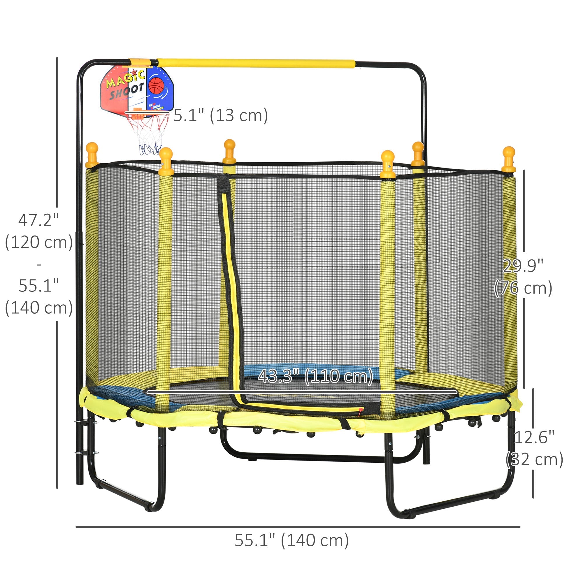 Qaba 4.6ft Kids Trampoline with Basketball Hoop, Horizontal Bar with Net for Children Ages 3-10, Yellow 