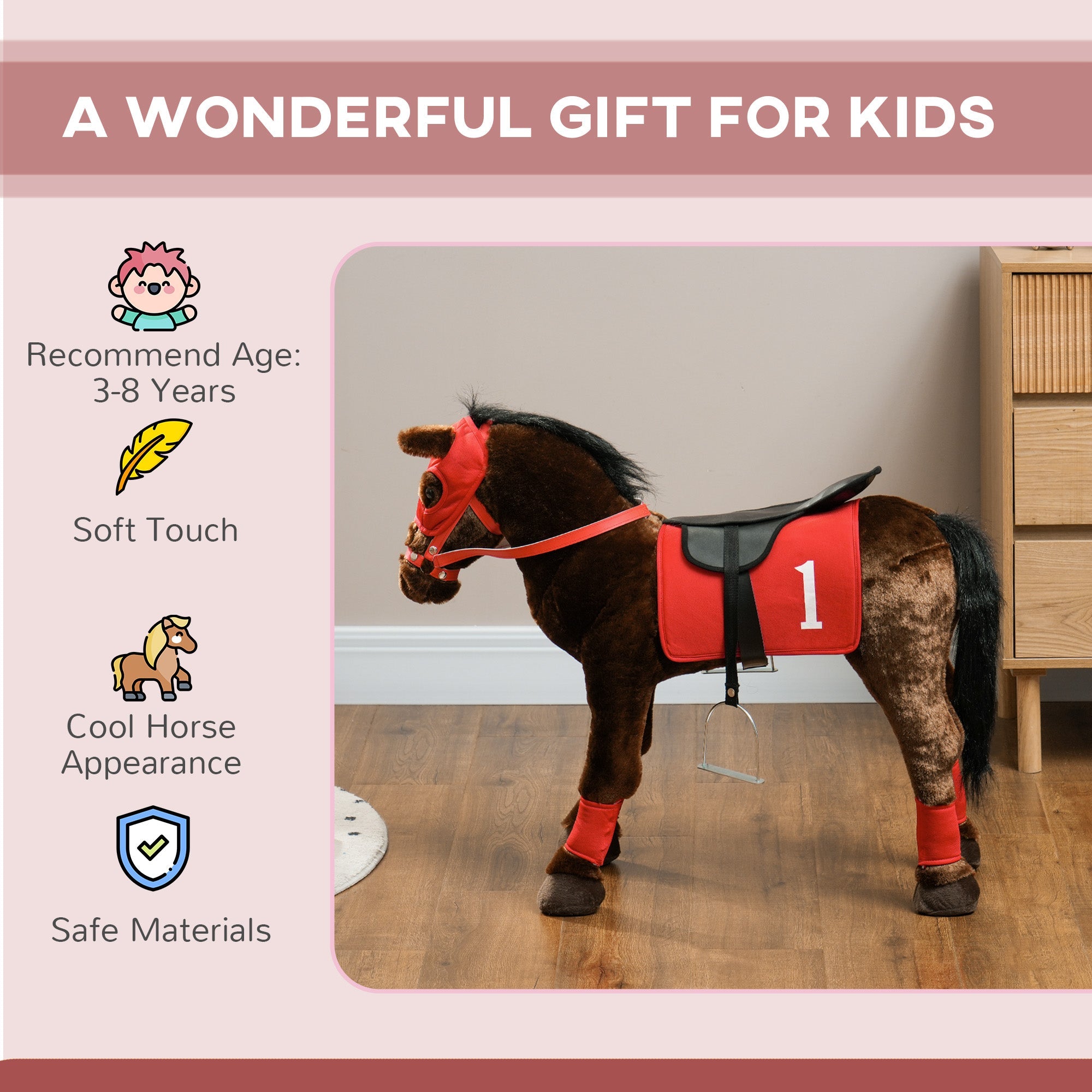 Qaba Kids Ride On Horse w/ Neighing Sound, Saddle, Stirrups, for 3-8 Years 