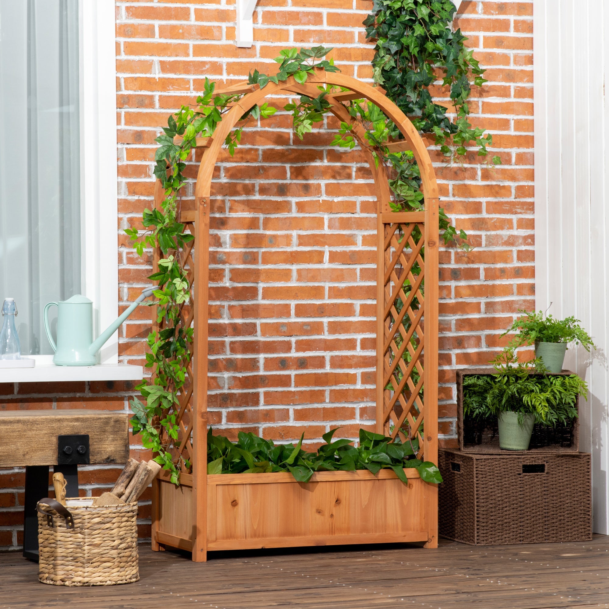 Outsunny Raised Garden Bed with Arch Trellis, Freestanding Outdoor Planter Box for Vine Climbing Plant Flower Herb, Brown 