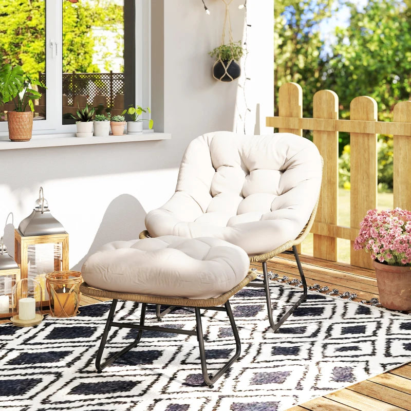 Rattan Chair w/ Stool, Cushion, Adjustable Foot Pads, Natural