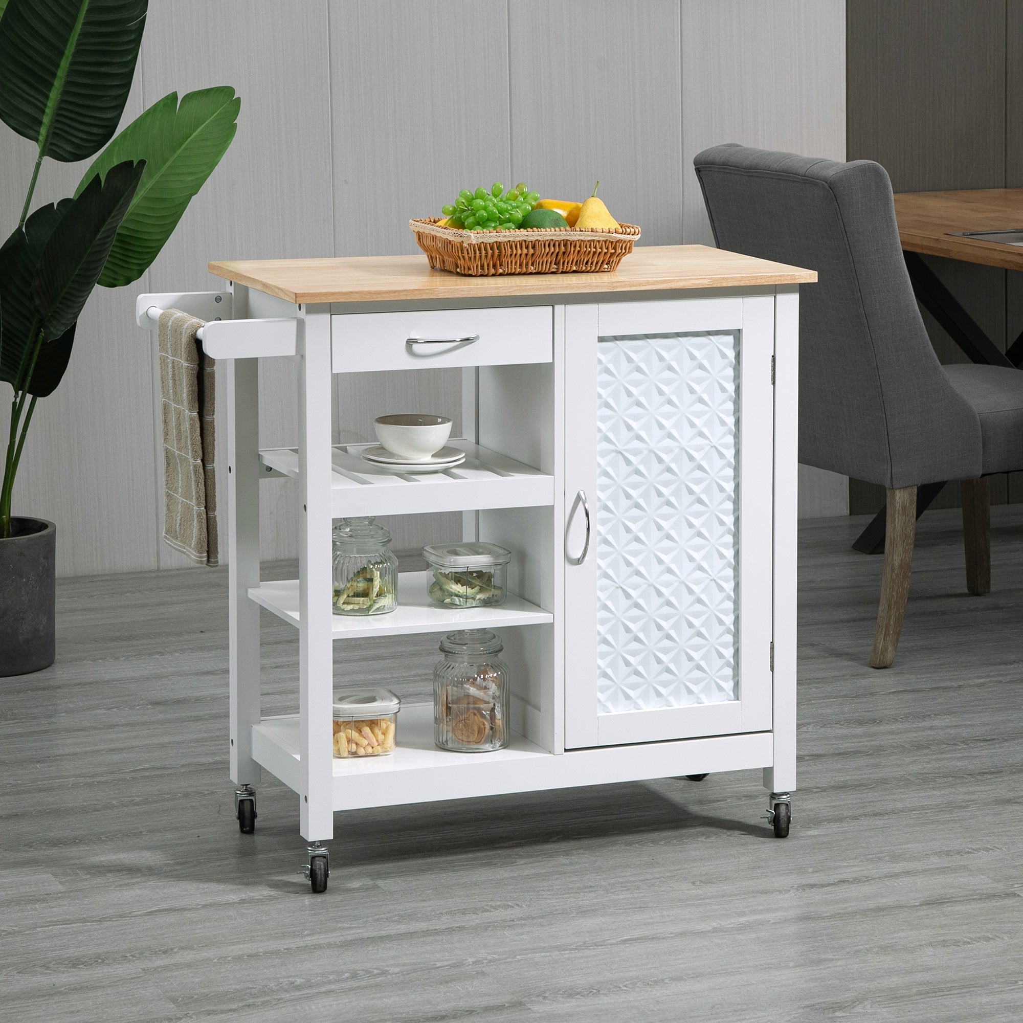 HOMCOM Kitchen Craft: Wheeled Cart with Embossed Door Panel, Storage Drawer, White Utility Island 