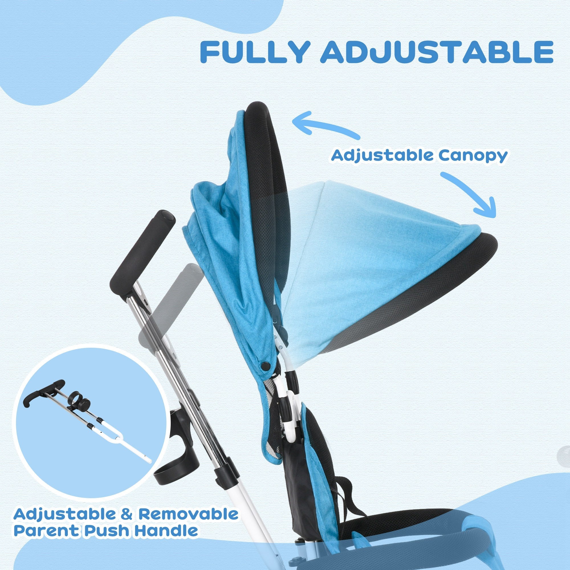 Qaba 6-in-1 Kids Tricycle Stroller with Safety Harness, Canopy, Basket for Ages 1-5, Blue - Perfect Outdoor Toy 