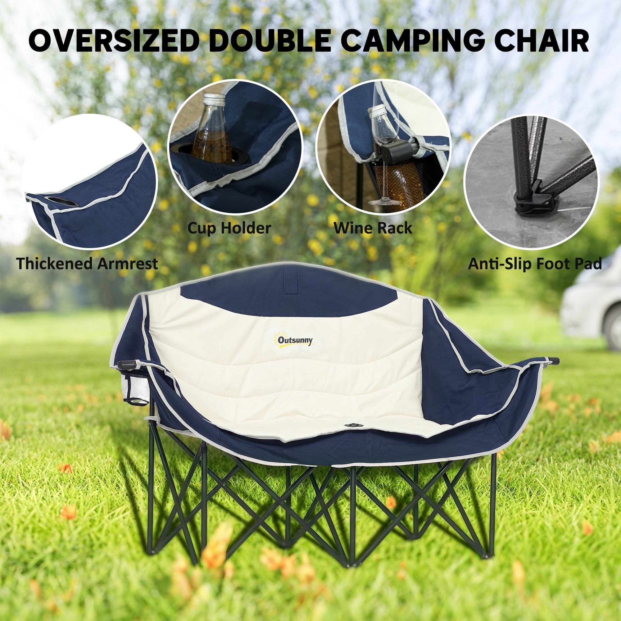 Outsunny Portable Camp Chair, Double Camping Chair with Cup Holders and Carry Bag, Support 551 lbs, Navy Blue 