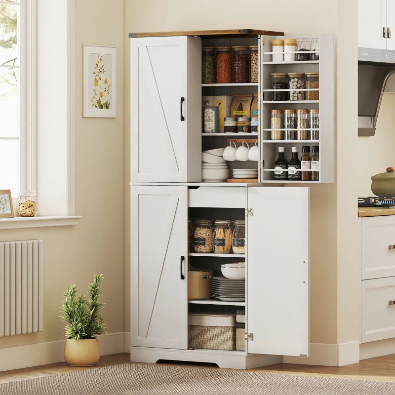 72" Kitchen Pantry Cabinet, Farmhouse Storage Cabinet with 4 Doors, Drawer, 8 Door Shelves and Adjustable Shelf, White