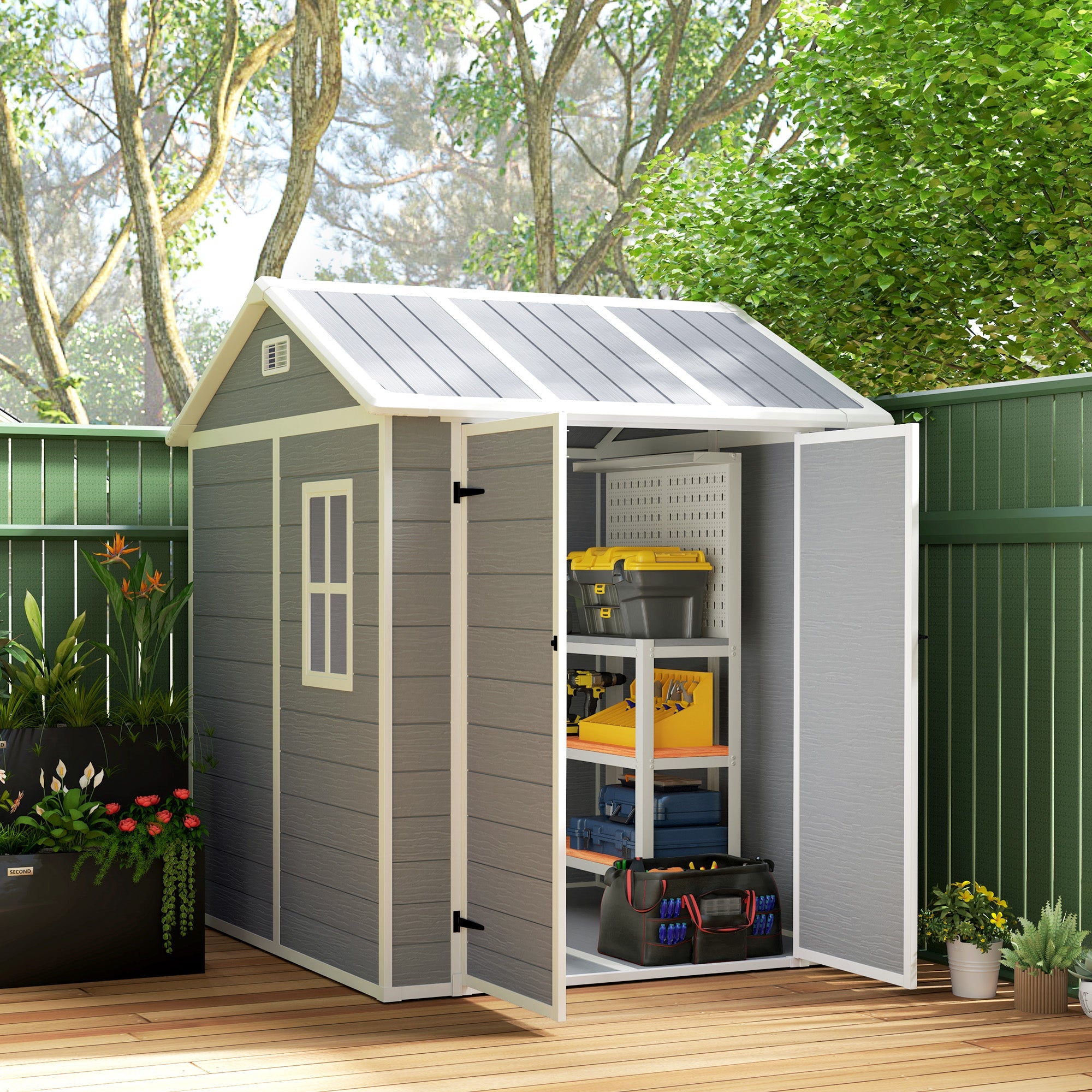 Outsunny 6' x 6' Resin Outdoor Storage Shed with Floor, Window, Lockable Doors and Vents for Backyard Patio Lawn, Grey 