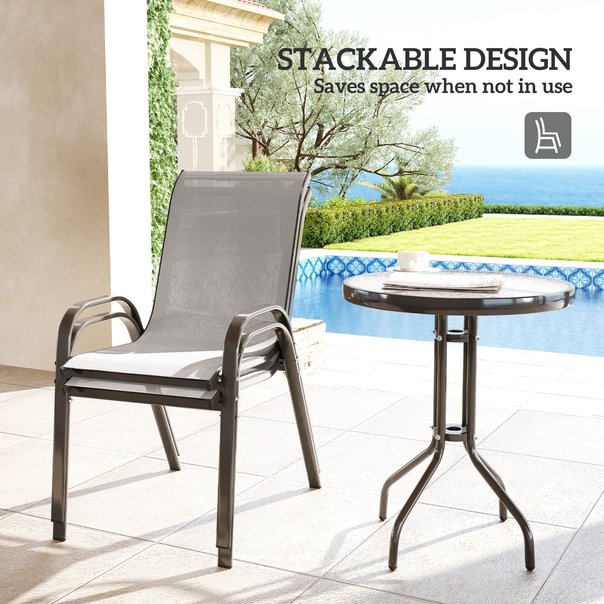 Outsunny 3 Pieces Bistro Set, Small Patio Furniture Set with Stackable Mesh Chairs, Glass Table for Garden, Balcony, Light Grey 