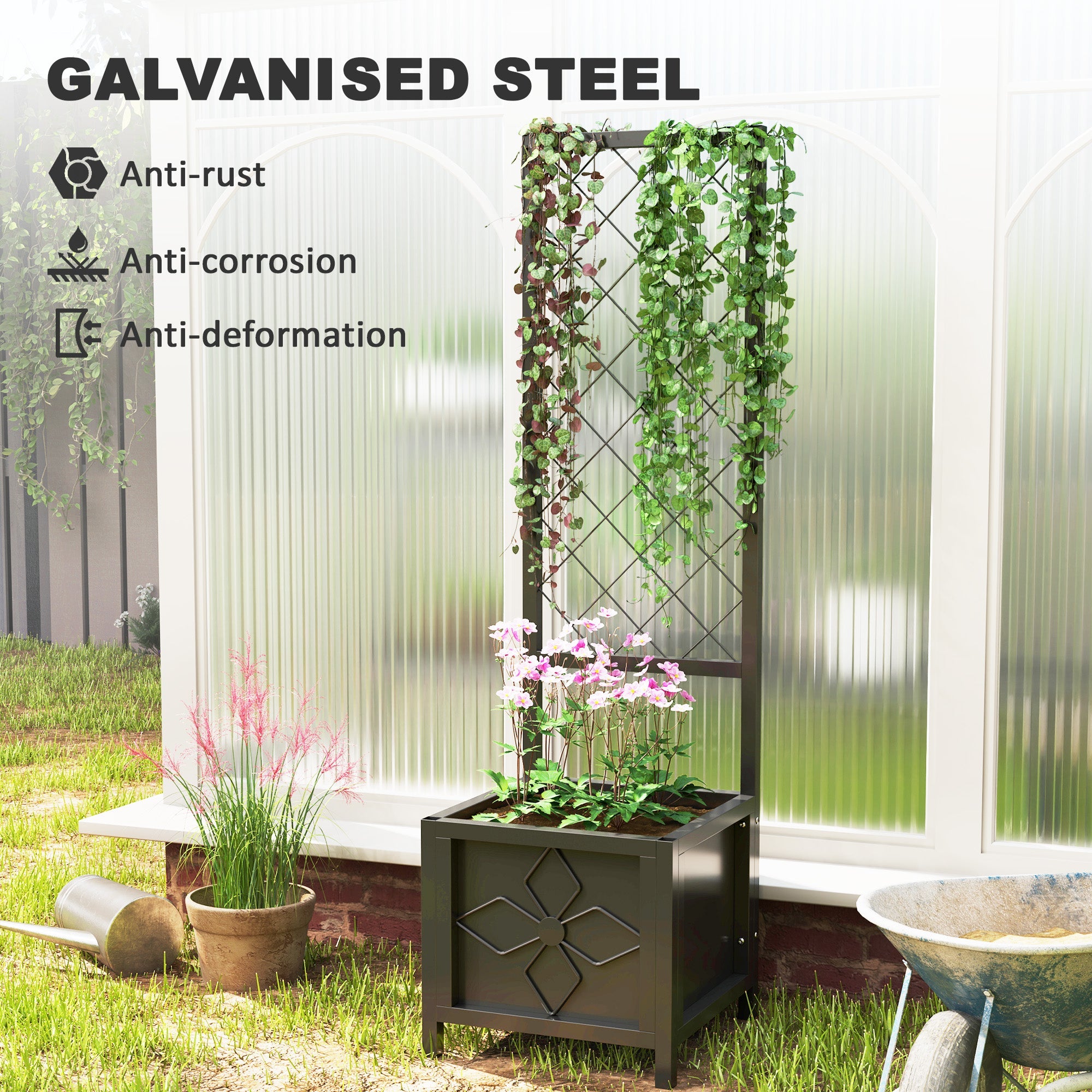 Outsunny Galvanized Raised Garden Bed with Trellis, Metal Planter Box with Drainage Holes for Climbing Plants, Vegetable, Vines 