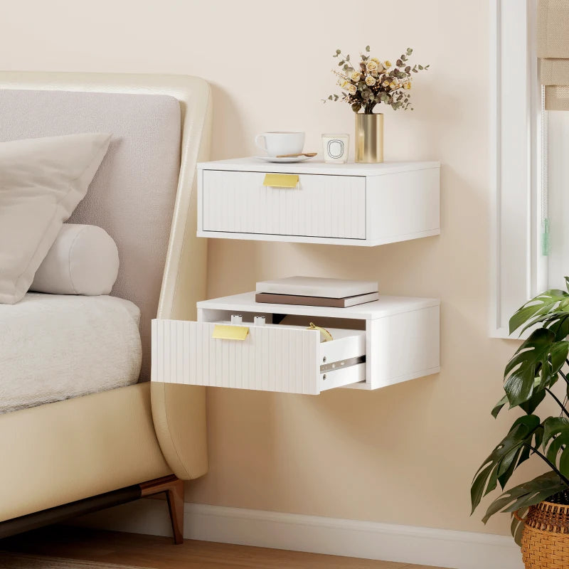 Modern Floating Nightstands Set of 2, Wall Mounted Bedside Tables with Wave Drawer White