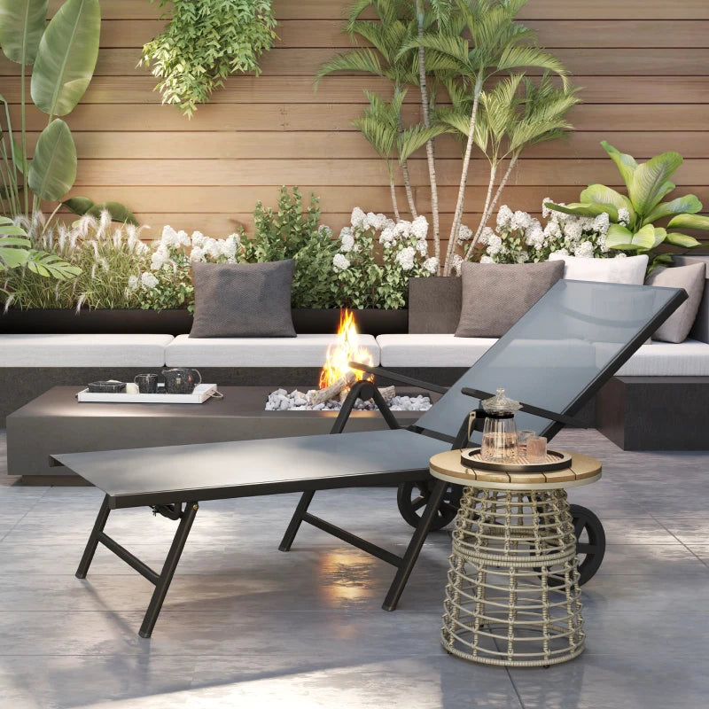 Outdoor Lounge Chair, 5-Level Adjustable Folding Chaise Chair with 2 Wheels for Backyard, Beach, Poolside, Grey