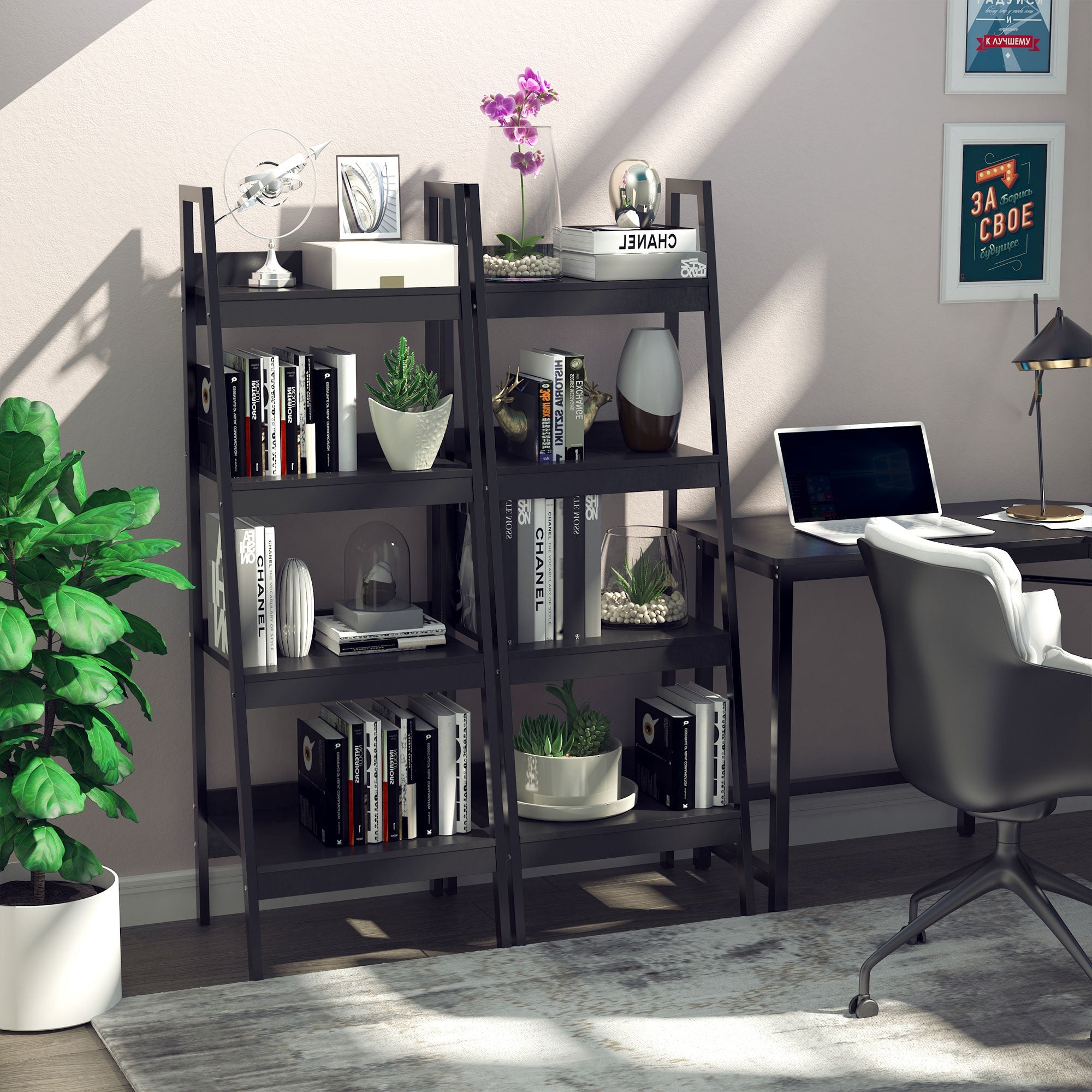 HOMCOM 4 Tier Ladder Shelf Bookcase Set of 2 Display Rack Storage Shelving Unit Flower Plant Stand Multi-Use Black 