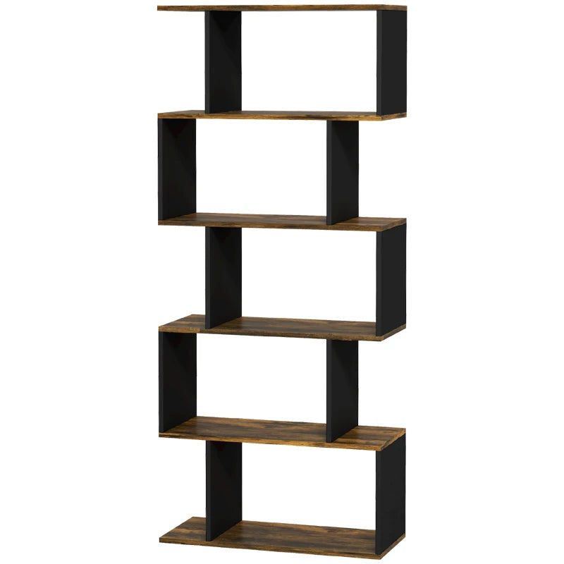 5-Tier Bookshelf, Geometric S Shaped Bookcase, Tall Narrow Display Shelf for for Living Room, Study Room, Rustic Brown