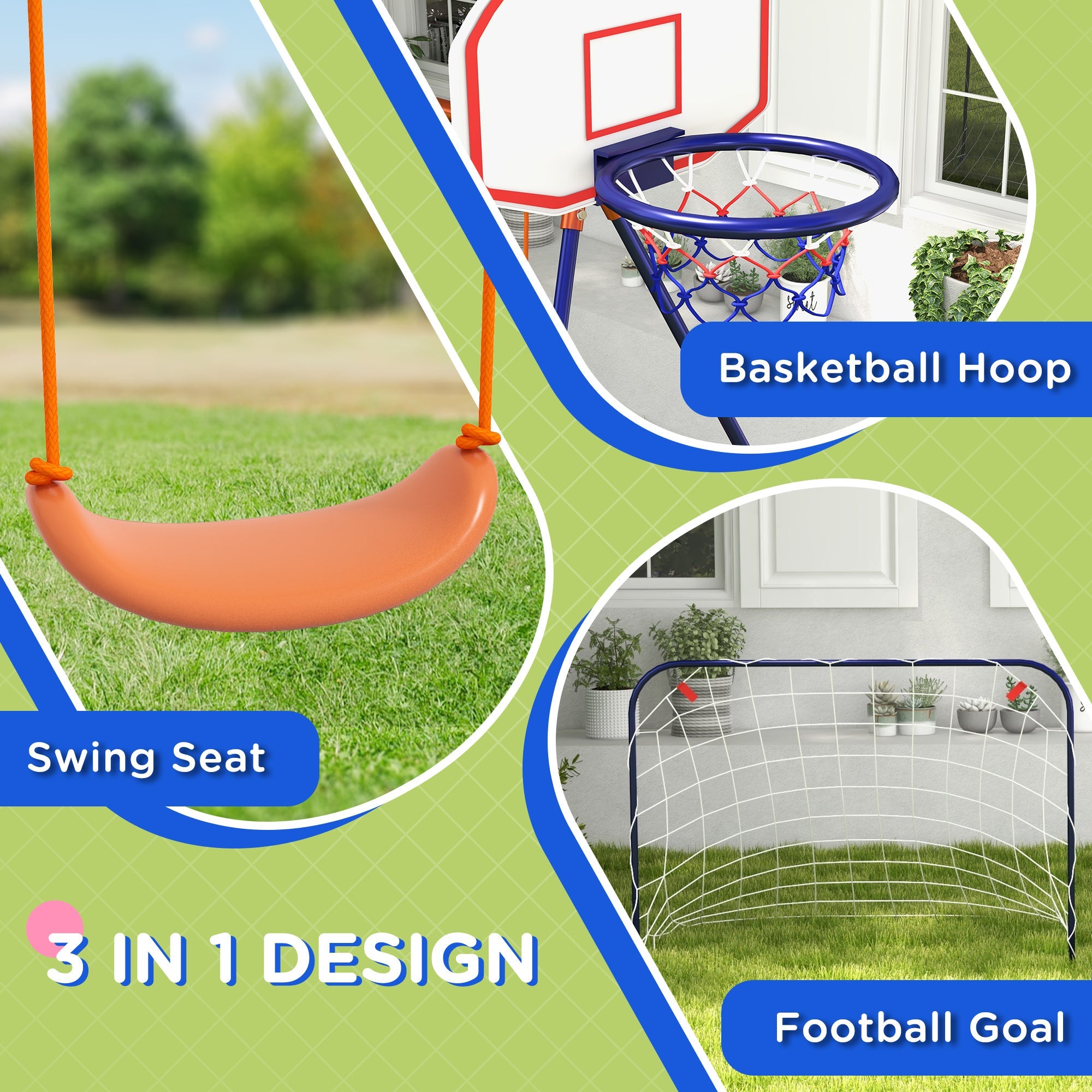 Outsunny Outdoor Kids Swing Set with Seat, Basketball Hoop, Football Goal, Secure Ground Stakes for Ages 3-8 