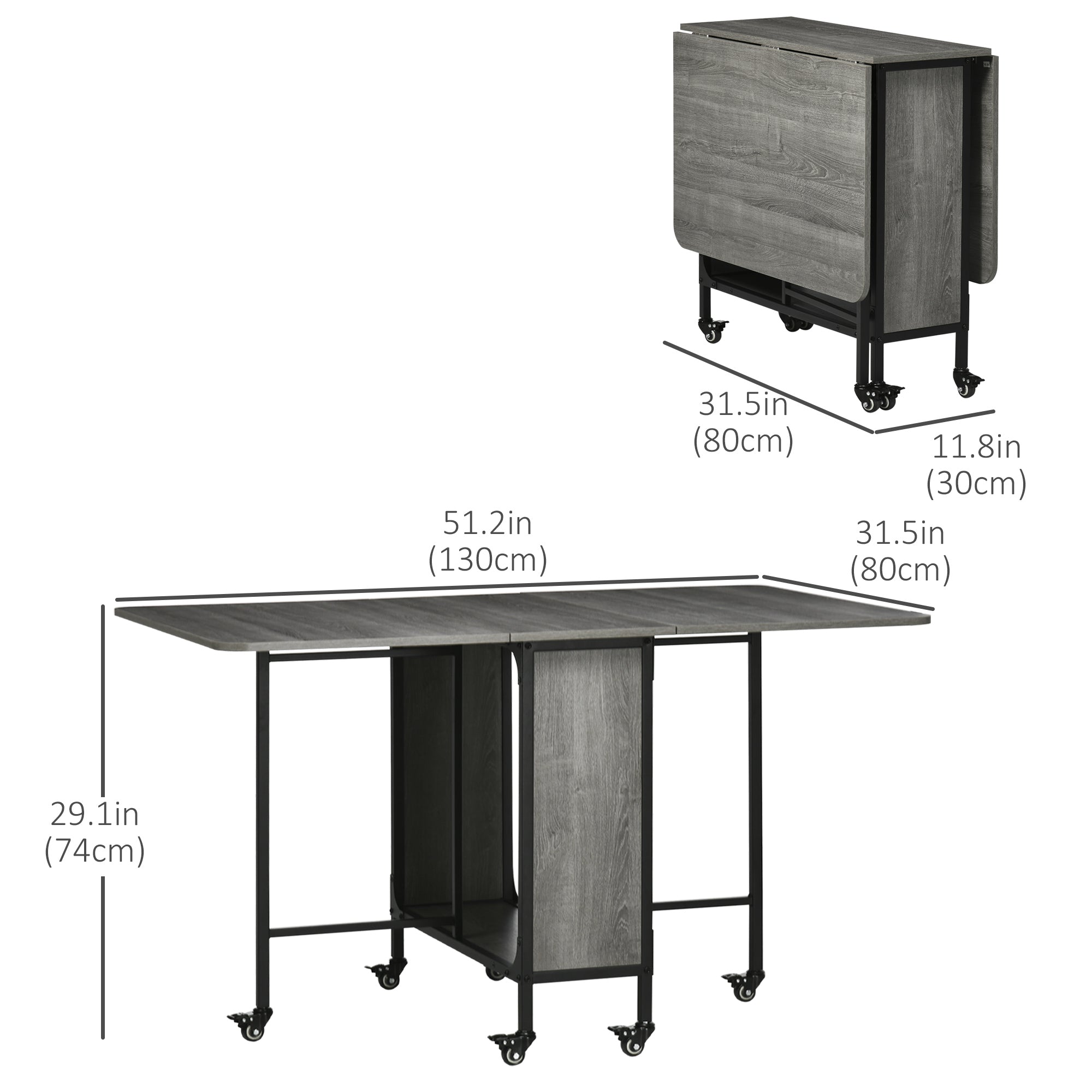 HOMCOM Folding Dining Versatility: Mobile Drop Leaf Extendable Kitchen Table for Small Spaces, Storage Shelf, 6 Wheels, Grey Finish 