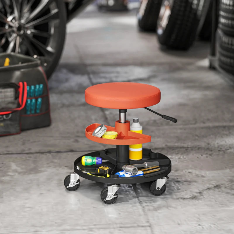 Rolling Garage Stool, 300 LBS Capacity Mechanic Stool with 2.5" Wheels, Tool Trays Storage, Adjustable Height, Orange