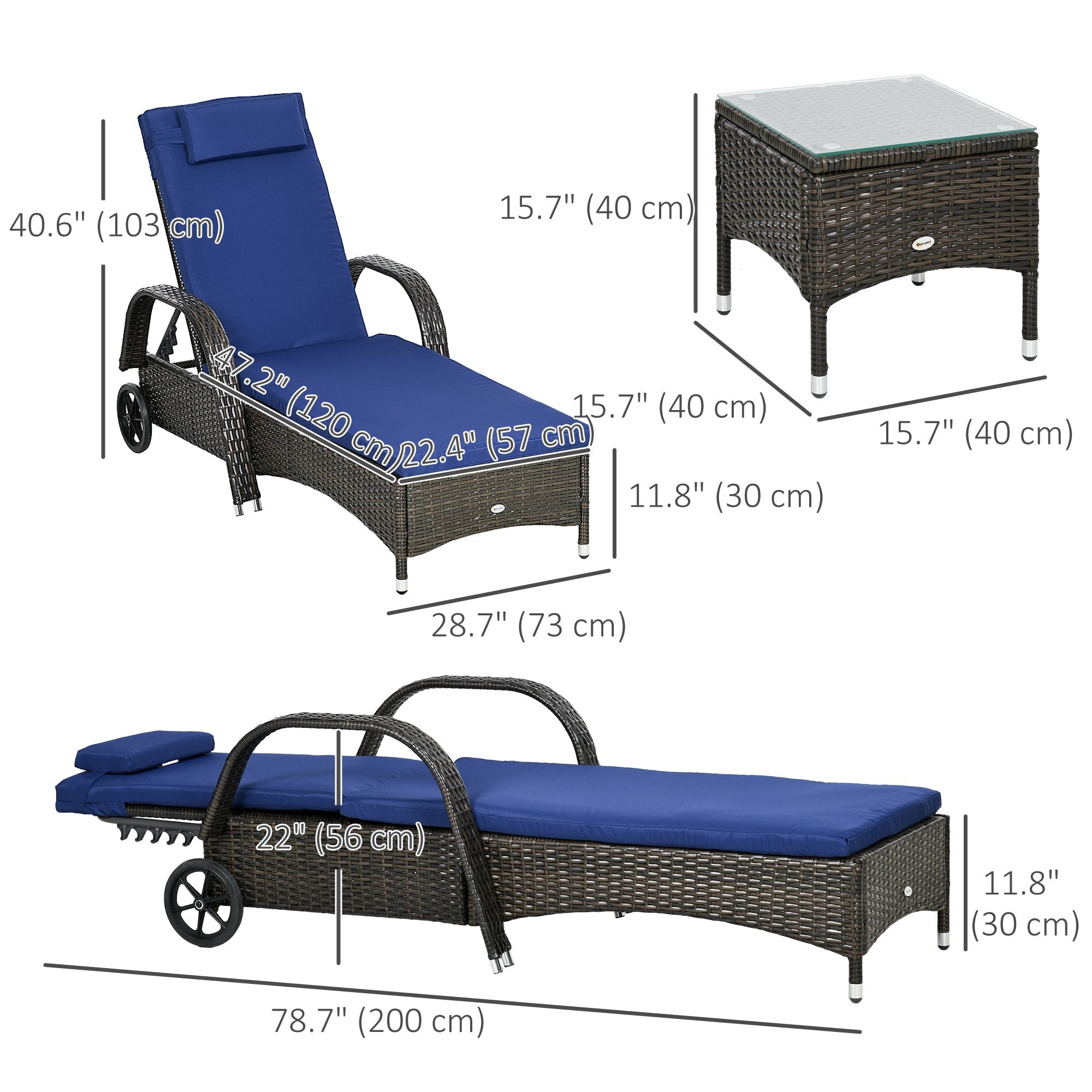 Outsunny Patio Rattan Lounge Set, Wheeled Wicker Chaise Lounge Chair and Table with Tempered Glass Top, Dark Blue 