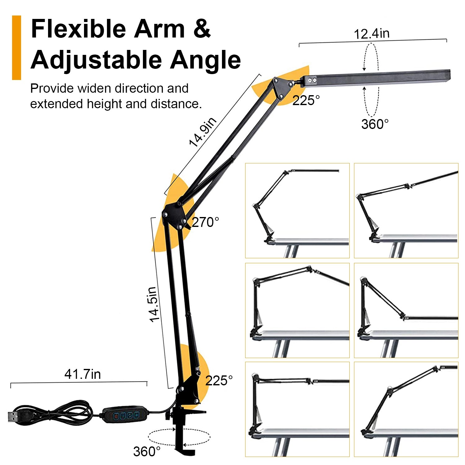 LED Reading Desk Lamp with Clamp Adjustable Swing Arm 3 Modes 10 Brightness Table Light 360 Degree Rotation Lighting Head for Home Office