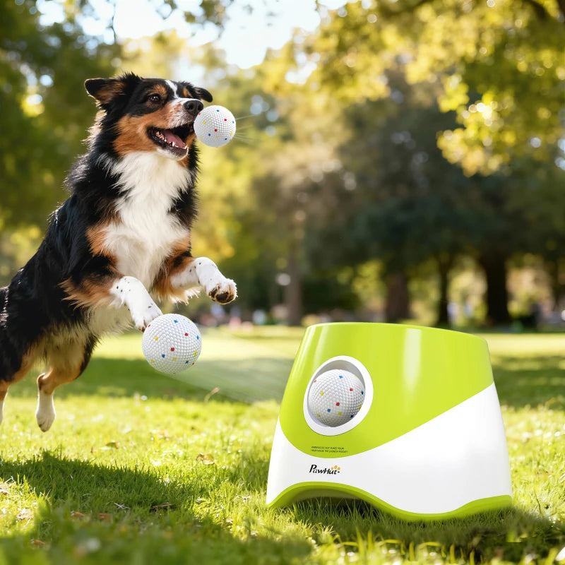 Automatic Dog Ball Launcher with 5 ETPU Balls 2.3", 3 Distance Settings 20ft, 33ft, 46ft, Green