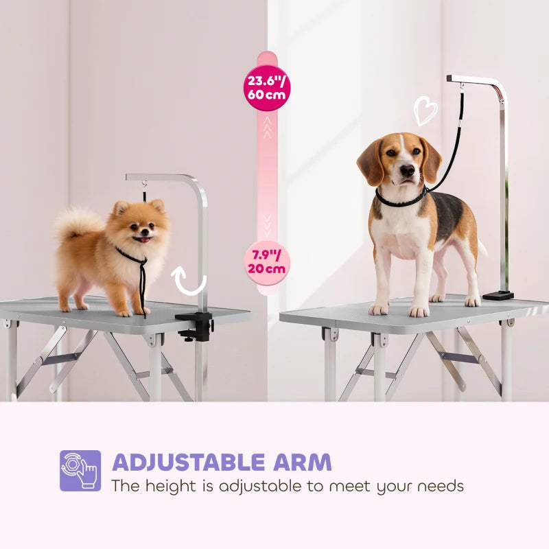 Foldable Pet Grooming Table for Dogs Cats with Adjustable Arm, Non-slip Surface, Grey
