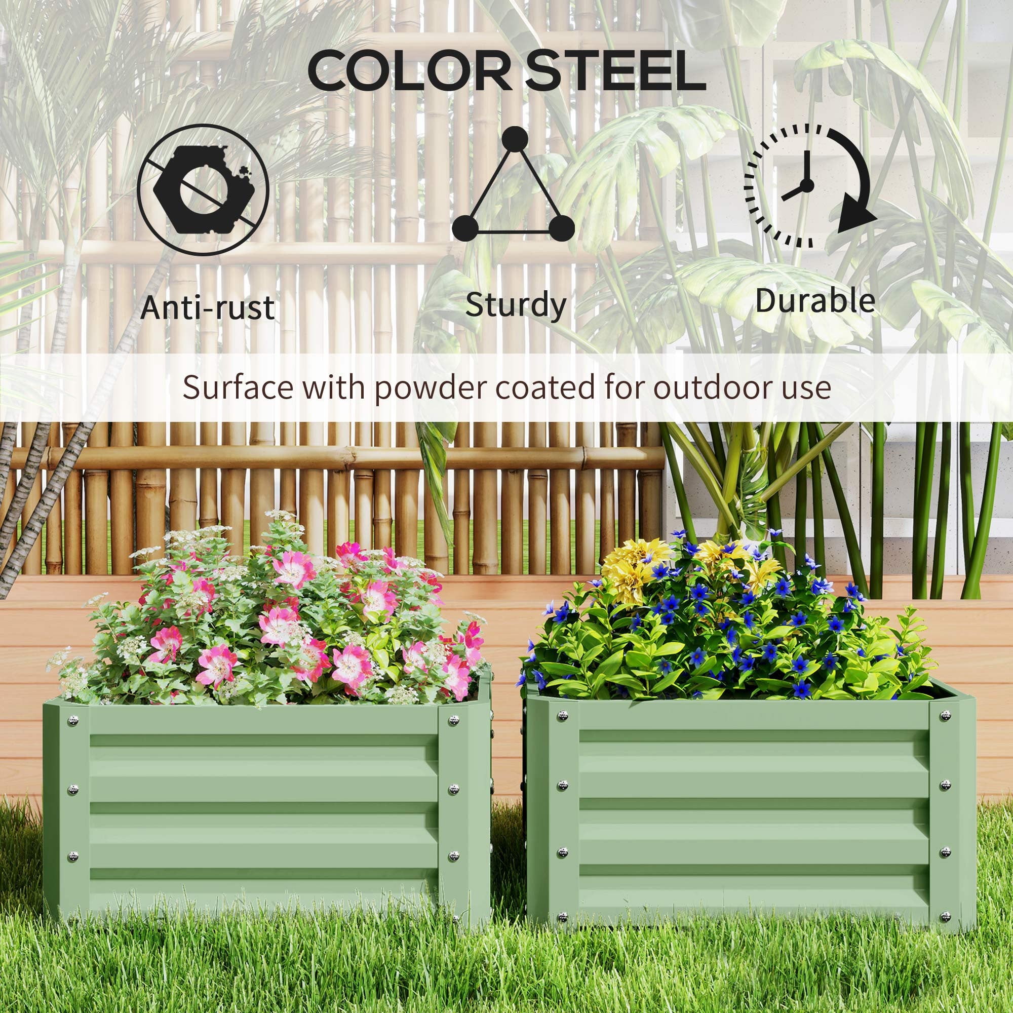 Outsunny 2' x 2' x 1' 2-Pieces Raised Garden Bed with Galvanised Steel Frame for Vegetables, Flowers, Herbs, Light Green 