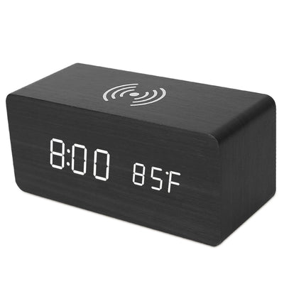 Digital Alarm Clock Qi-Wireless Charger Time Temperature Calendar Display Clock w/ Voice Control Brightness Adjustment (Black) 