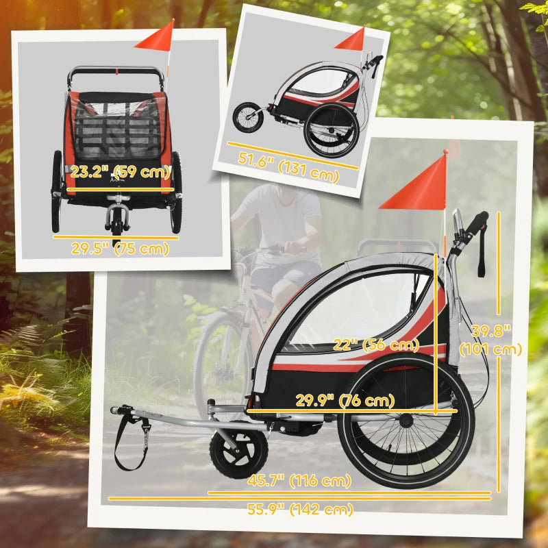 Aosom 3-in-1 Bike Trailer for Kids, Running Stroller with 2 Seats, Jogging Cart with 5-Point Harness, Storage Units, Red
