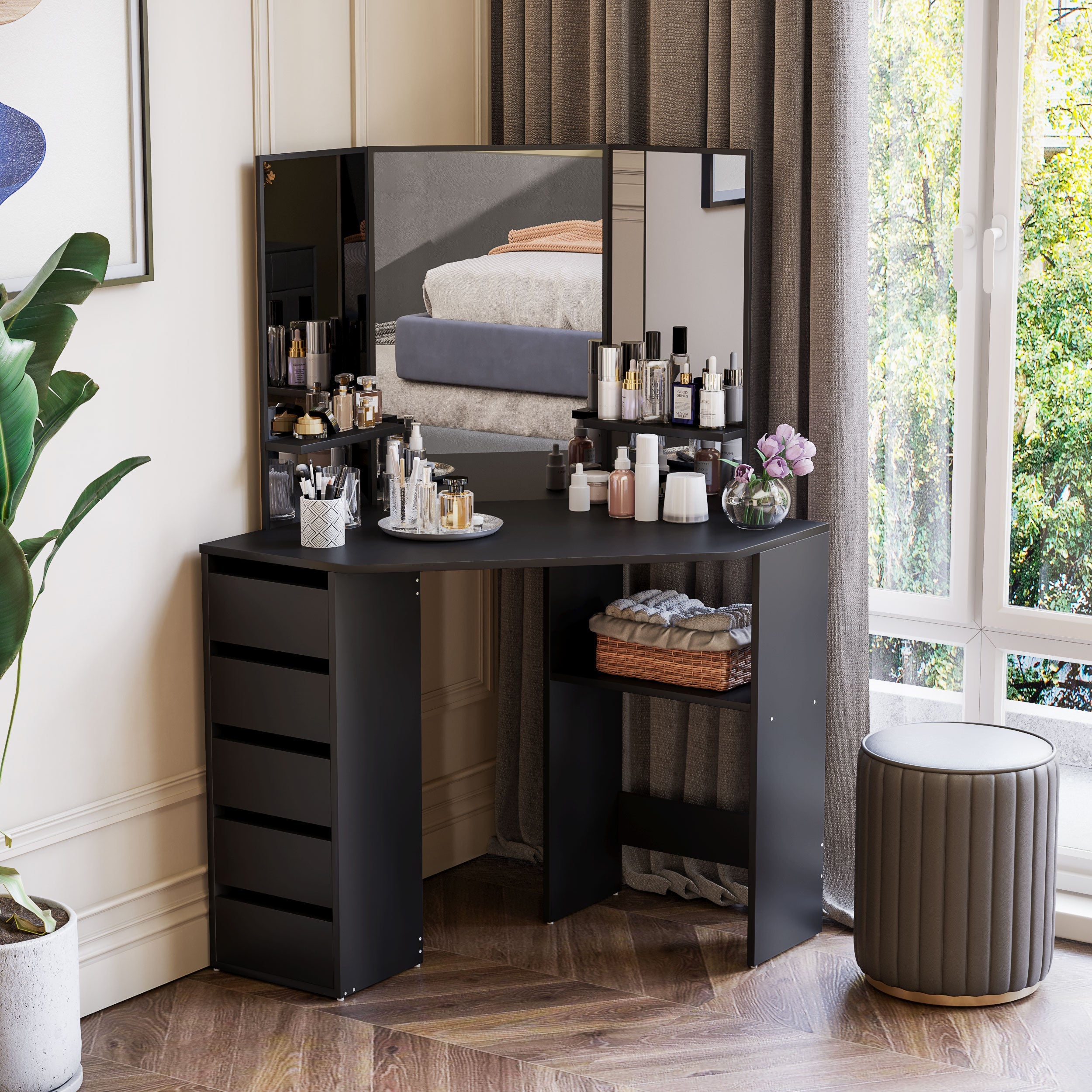 HOMCOM Corner Vanity Table Small Makeup Desk with Drawers and Mirror for Bedroom Black 