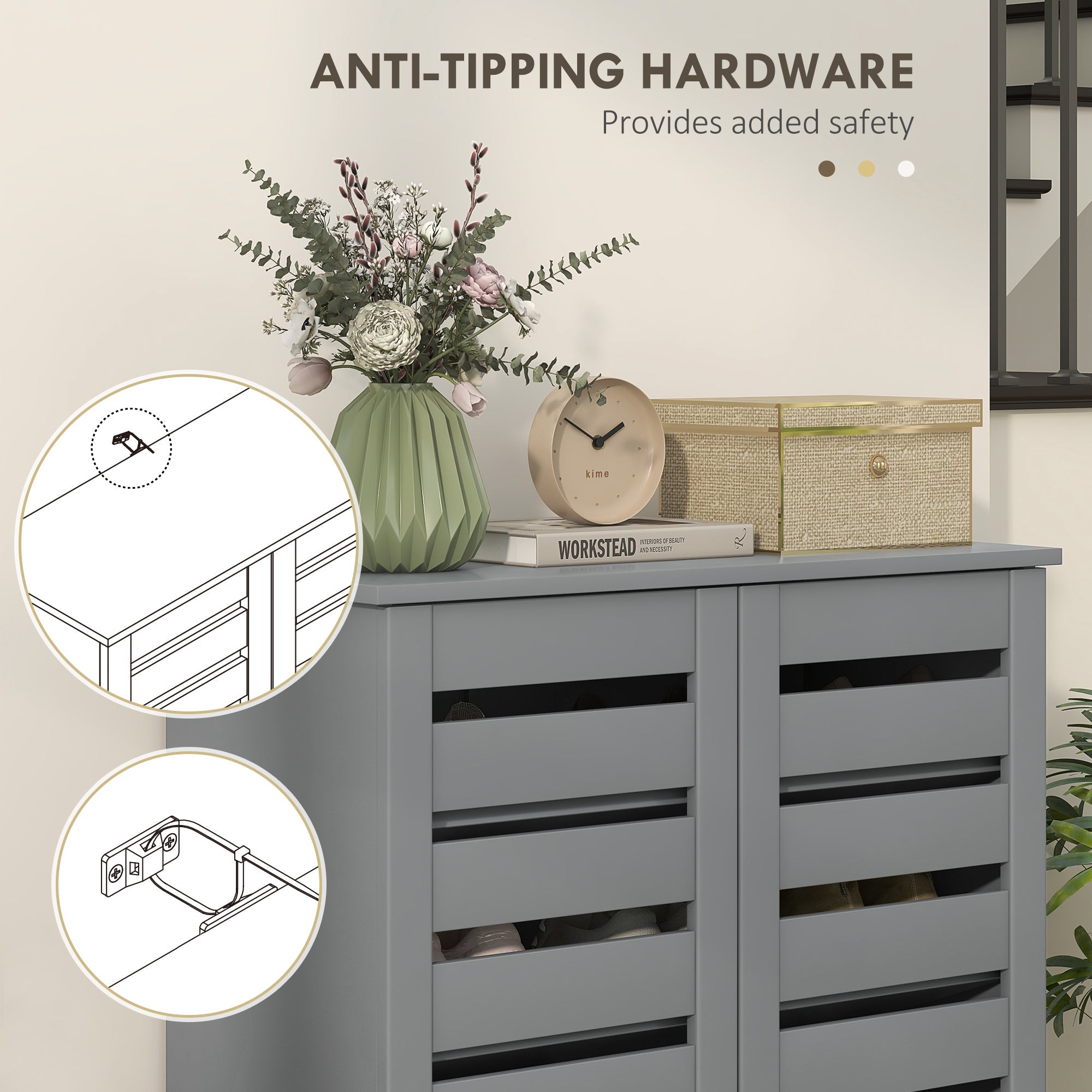 HOMCOM Shoe Storage Cabinet, Shoe Cabinet with 2 Slatted Doors for 15 Pairs of Shoes, Dark Grey 