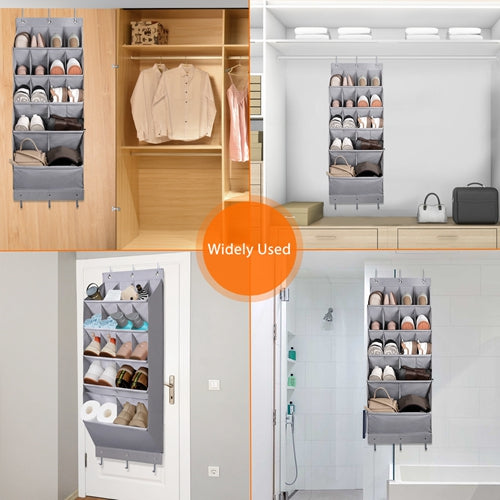 16 Pockets Over The Door Shoe Organizer 5 Tier Shoe Rack for Door with 6 Hooks Behind Door Hanging Storage Shelf for Shoes Toys Towels Bags Bedroom Ba