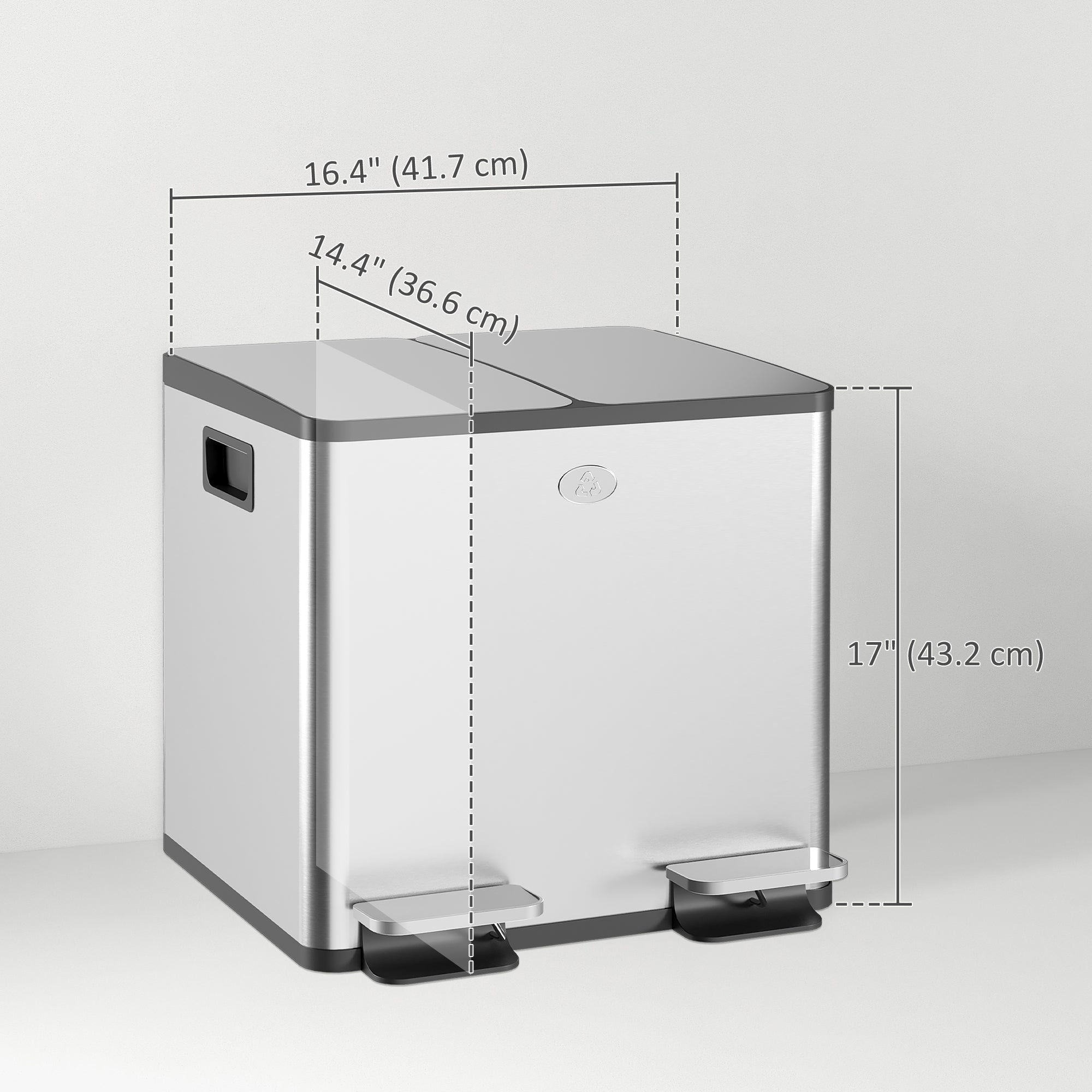 HOMCOM Dual Garbage Bin, Soft-Close Trash Can with Foot Pedal, 2 x 15 Liter Garbage Can with Removable Inner Buckets, Silver 