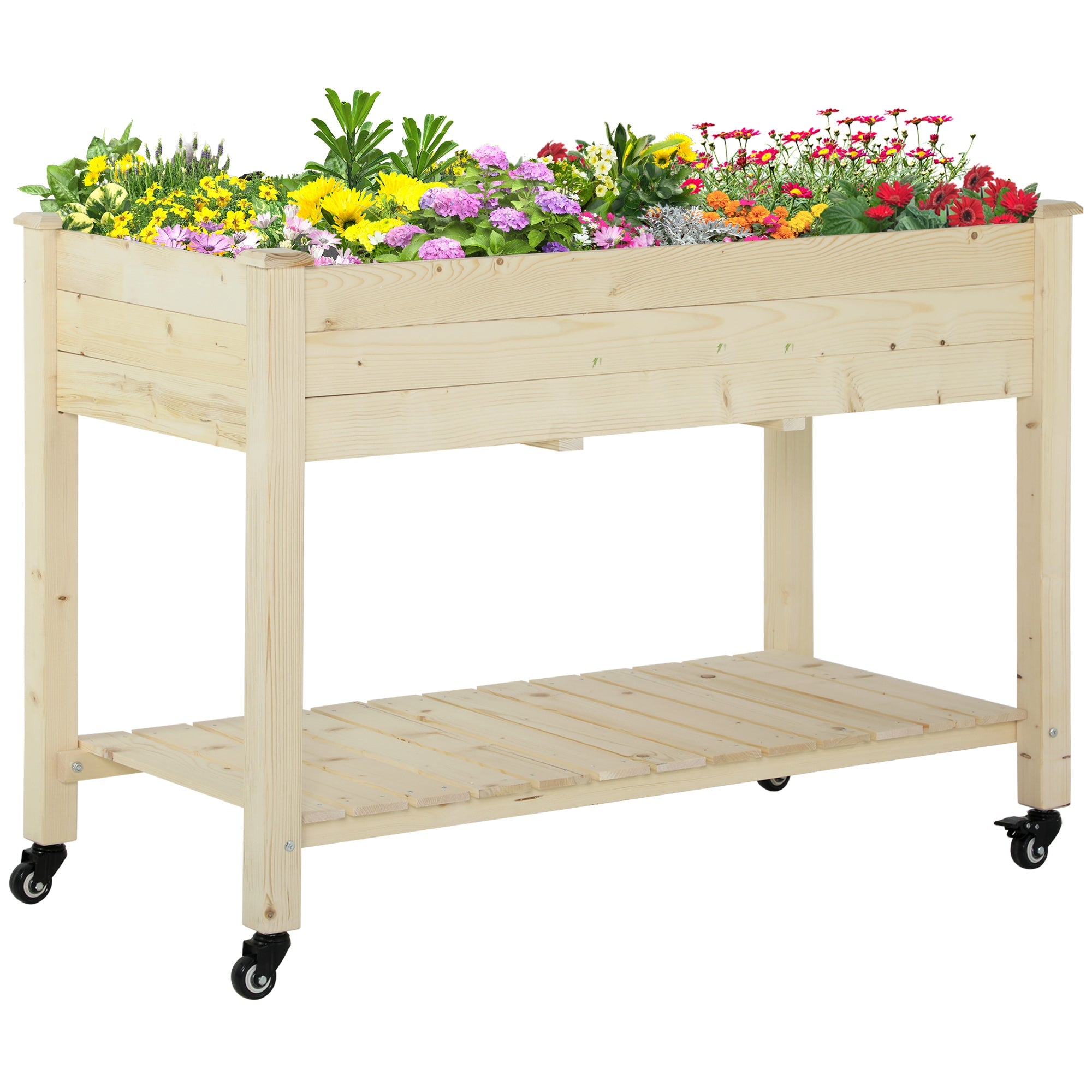 Outsunny Raised Garden Bed Mobile Elevated Wood Planter Box w/ Lockable Wheels Storage Shelf for Herbs and Vegetables Backyard 