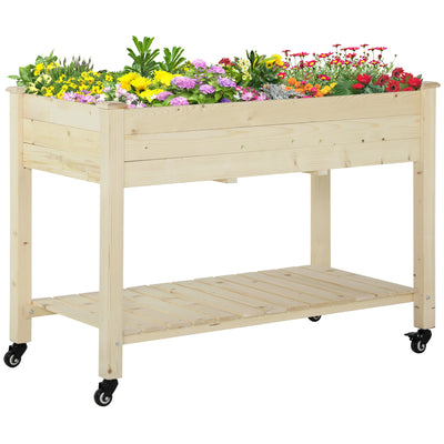 Outsunny Raised Garden Bed Mobile Elevated Wood Planter Box w/ Lockable Wheels Storage Shelf for Herbs and Vegetables Backyard 