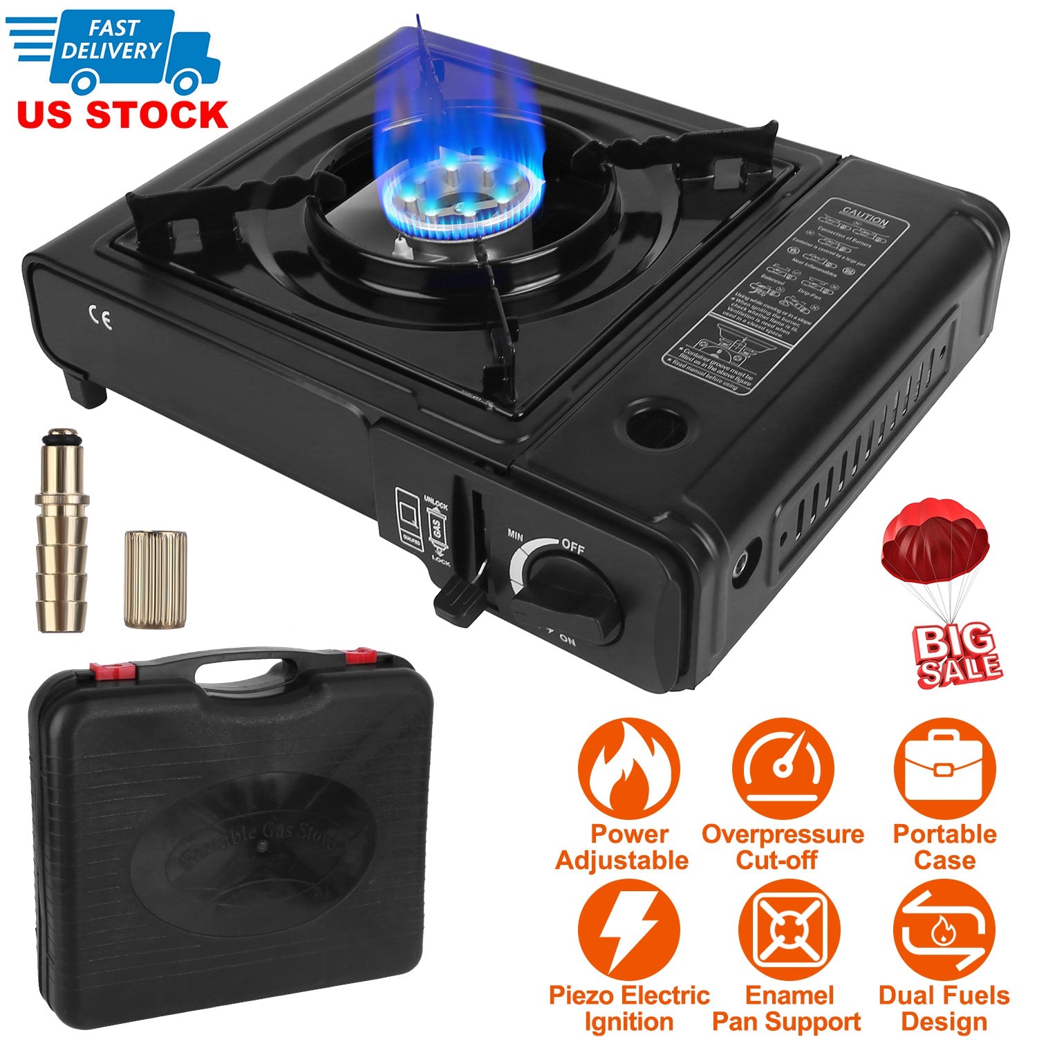 3300W Portable Camping Stove Butane Canister Dual Fuel Burner Piezo Electric Ignition Single Burner with Automatic Tank Ejection Overpressure Cut Off