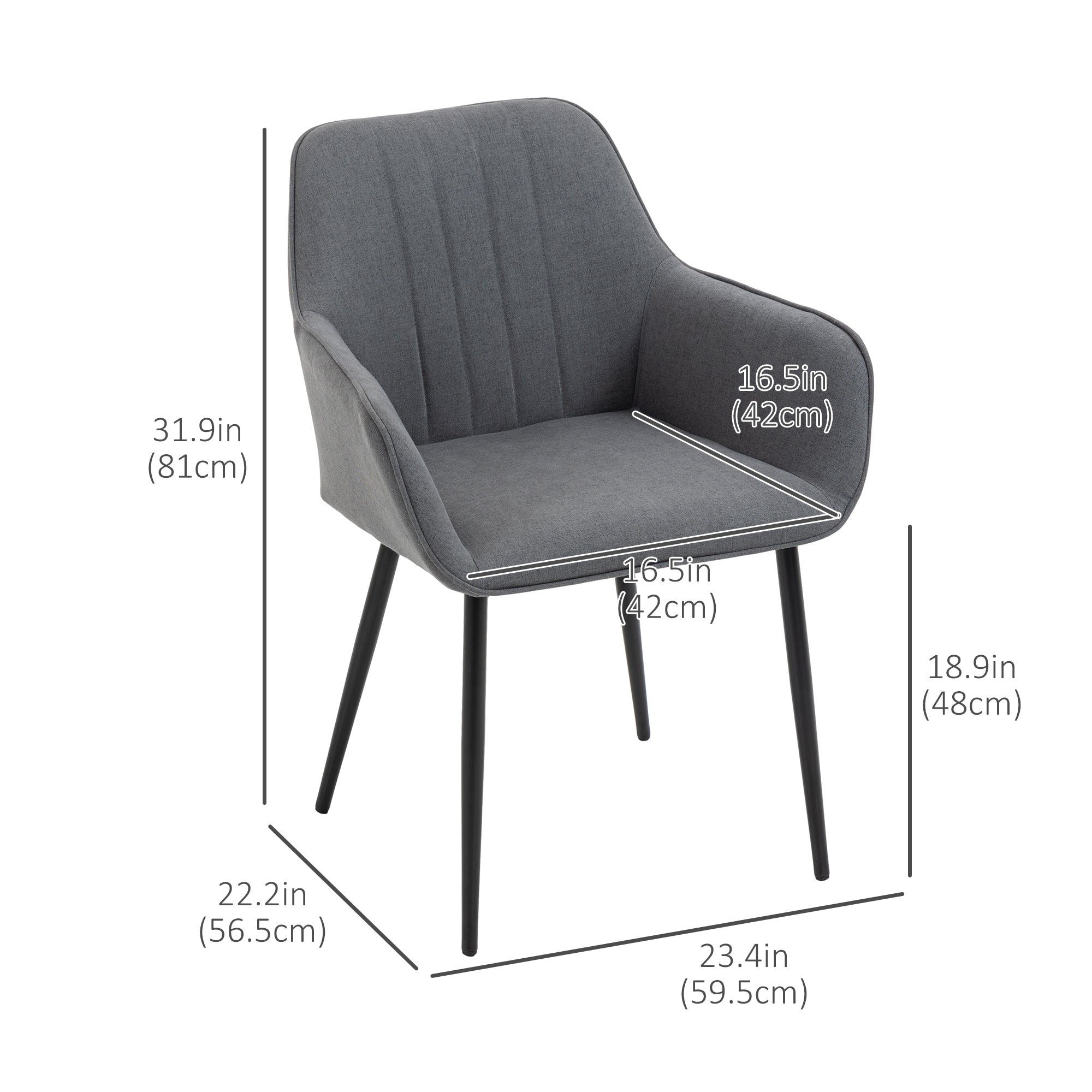 HOMCOM Dining Chairs Set of 2 Linen Upholstery Accent Chair Back Armrest Metal Legs Comfortable Dark Grey 