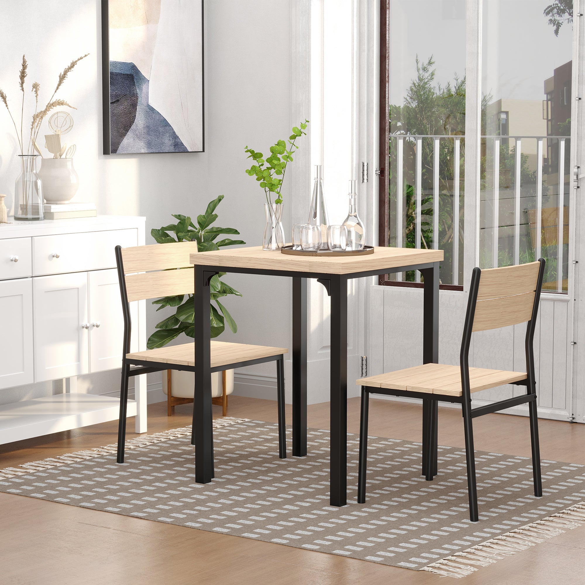 HOMCOM 3pcs Wooden Dining Set Industrial Style Wood and Metal Kitchen Table Set for 2 Chairs Modern and Sleek Dinette Home Furniture 