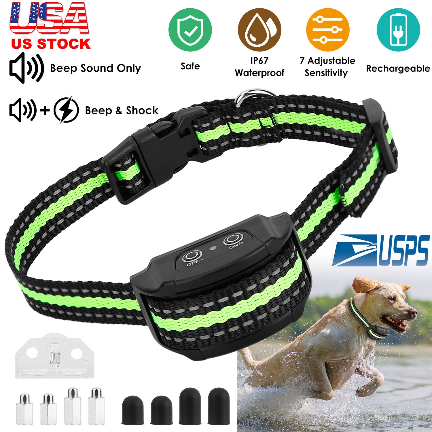 Anti-Bark Dog Collar IP67 Waterproof Beep Electric Shock Rechargeable Pet Training Device w/ 7 Adjustable Sensitivity