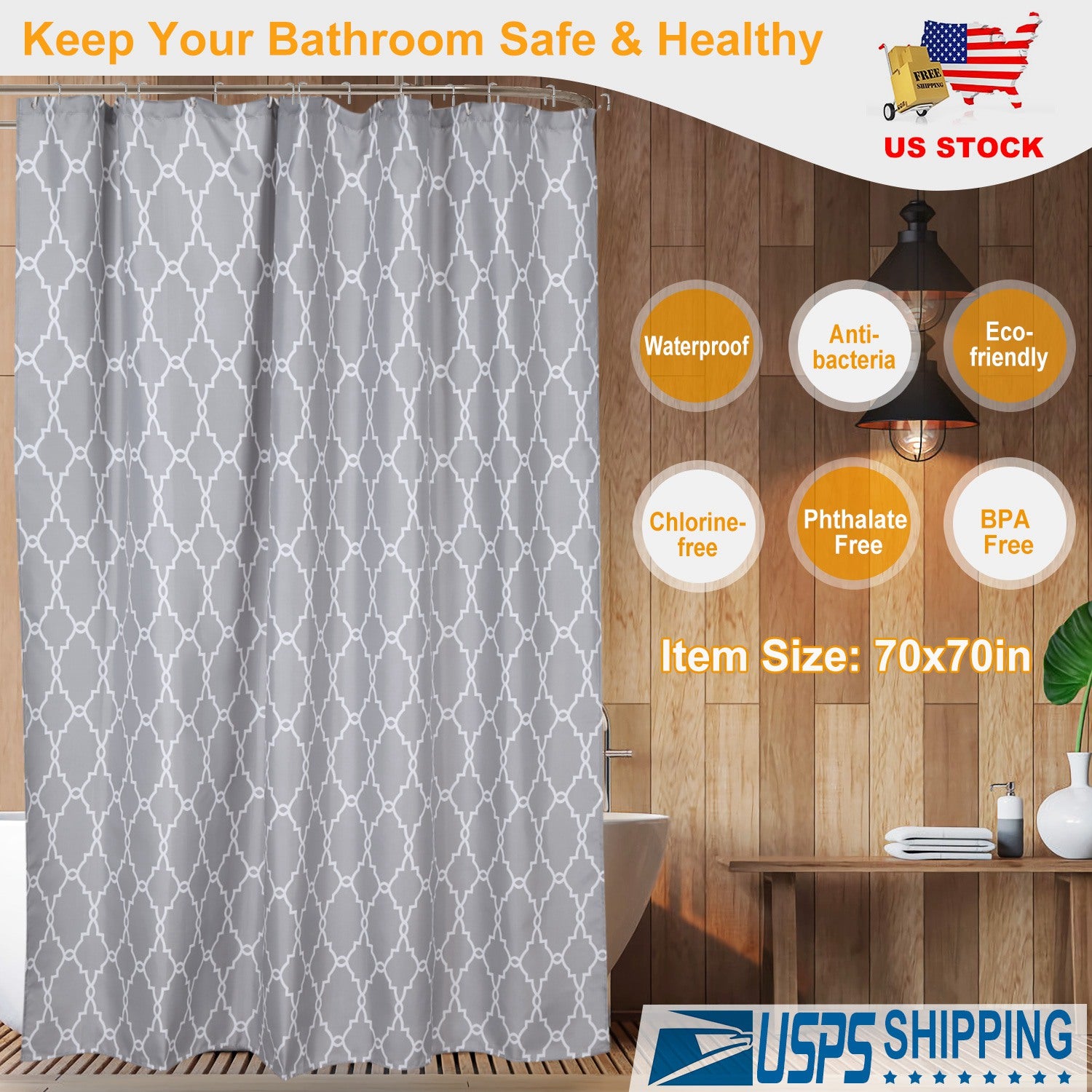 Shower Curtain Waterproof 70x70” Inches Bathroom Shower Drape Liner Print Polyester Fabric Bathroom Curtain w/ 12 Hooks for Bathtub Shower Stall