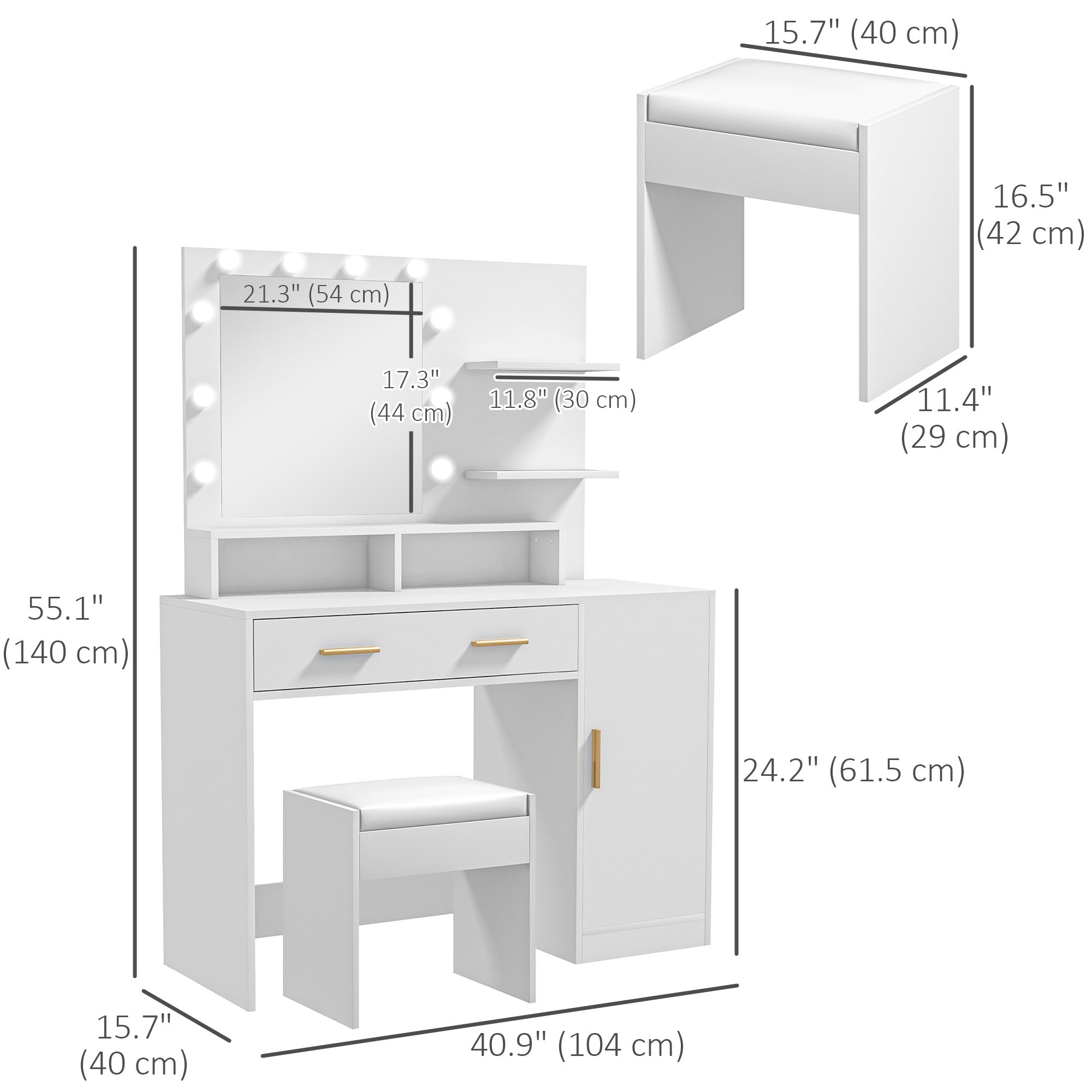 HOMCOM Illuminated Dressing Table Set, LED Vanity Table Set with Stool, LED Mirror, Drawer and Cabinet Shelves for Bedroom 