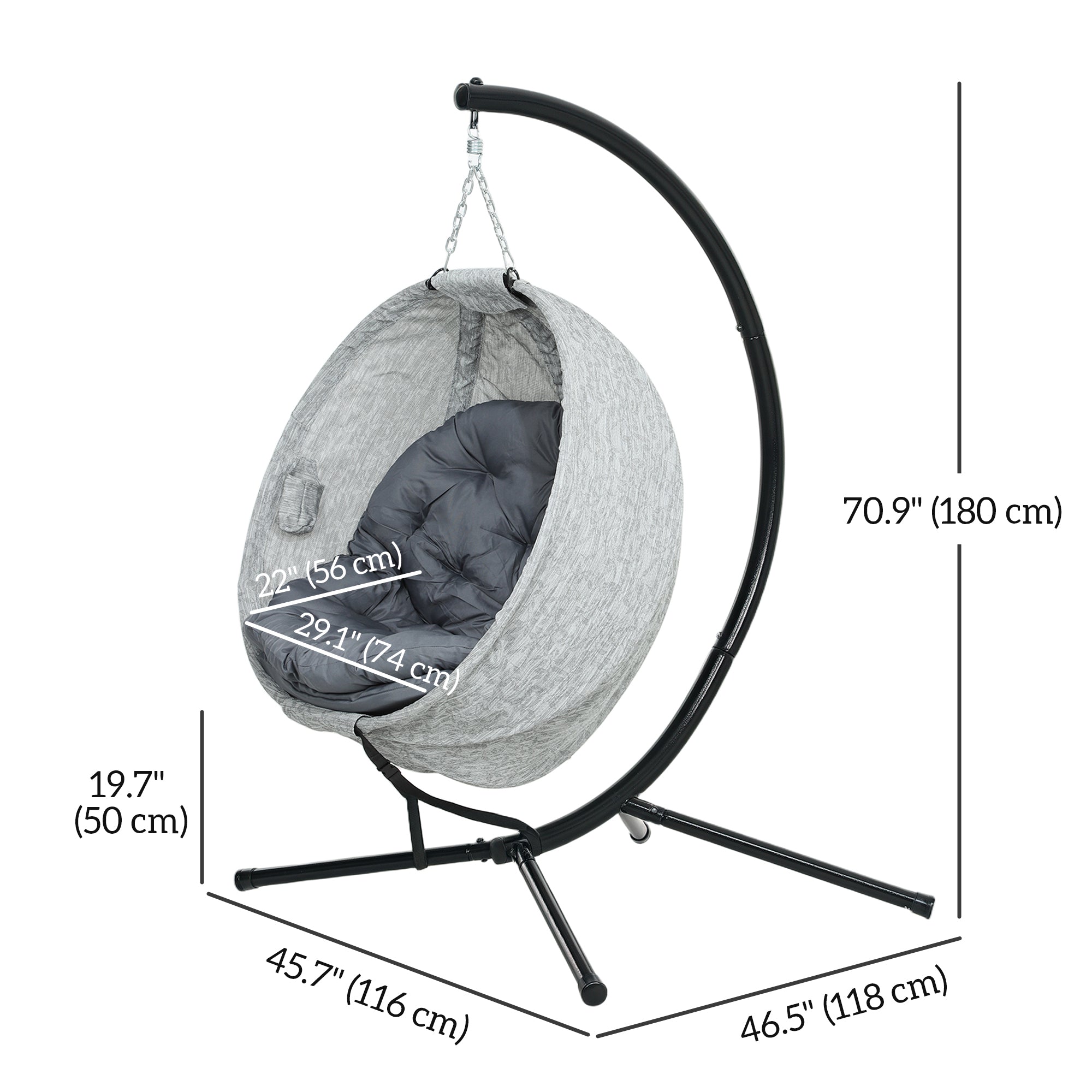 Outsunny Egg Chair with Folding Basket, Outdoor Indoor Hanging Swing Chair with Stand, Cushions for Patio, Balcony, Grey 