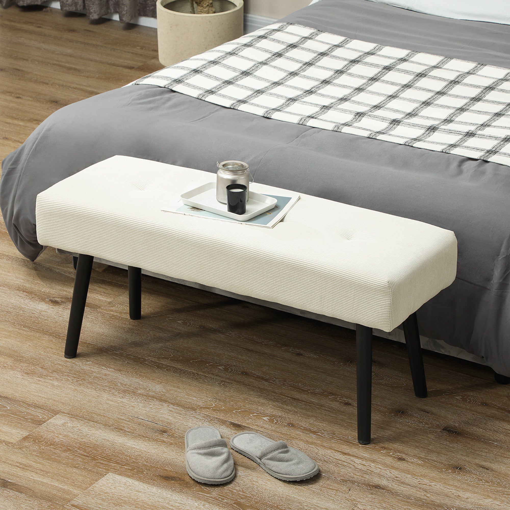 HOMCOM 39" Upholstered Ottoman Bench, Corduroy Entryway Bedroom Bench with Padded Seat and Steel Legs for Bedroom, Cream White 