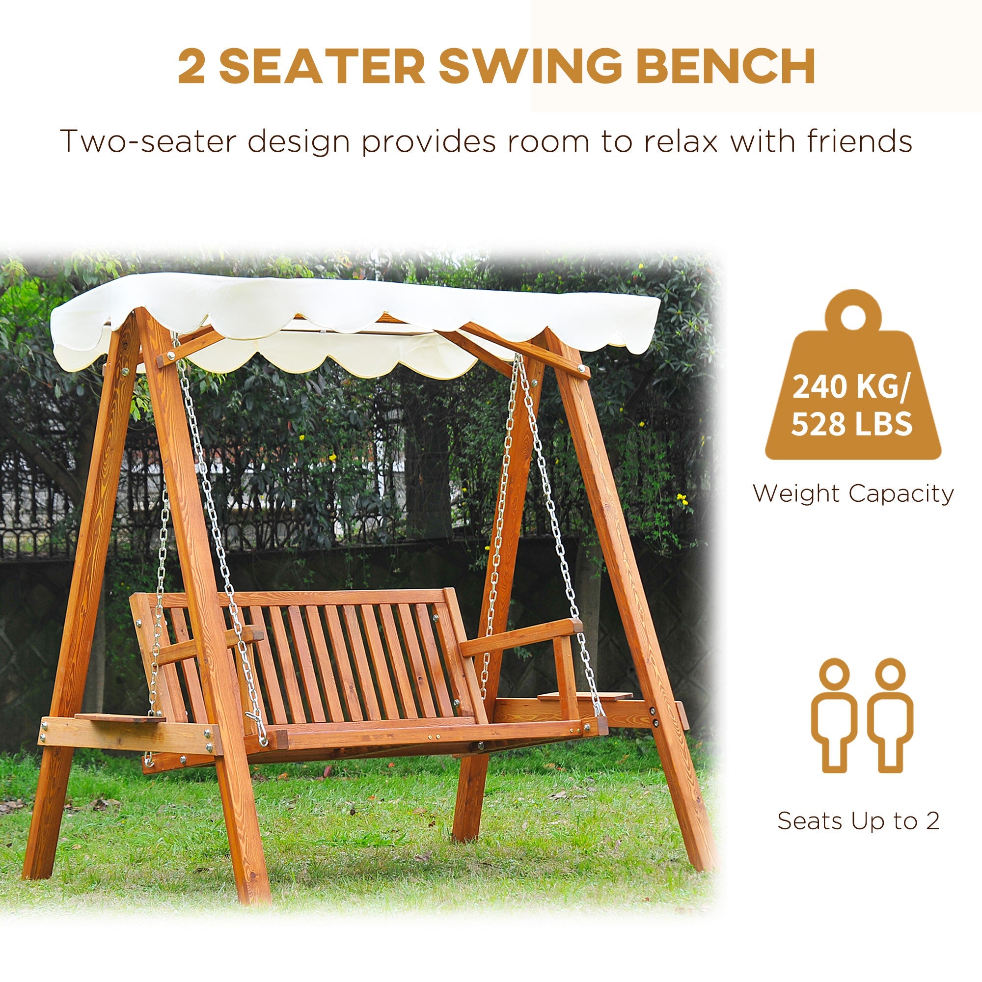 Outsunny 65" Patio Swing Chair with Canopy Outdoor Wooden Swing Bench Hammock for Garden, Poolside, Backyard 