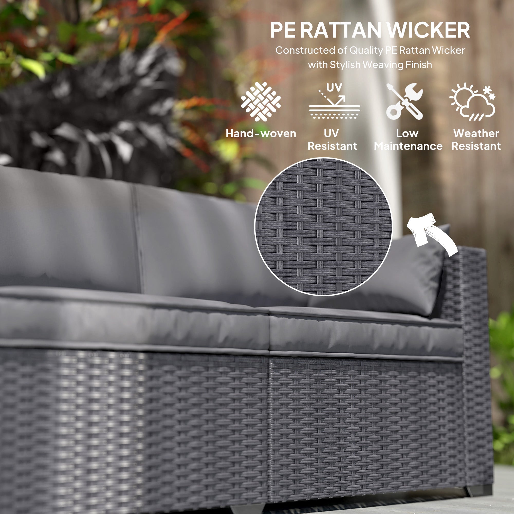 Outsunny 3 Seater Wicker Patio Sofa with Side Trays, Outdoor Couch with 6" Thick Back Cushions, Deep Seating, Grey 