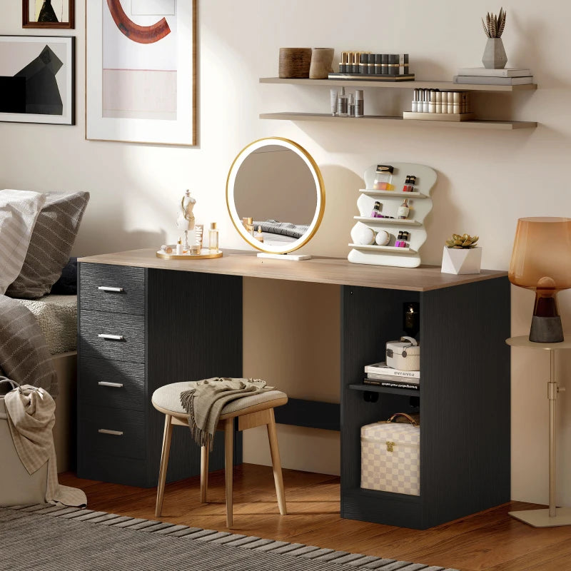 Office Desk, 55" Computer Desk with 4 Reversible Drawers, Mobile PC Stand, Adjustable Shelf, Black Wood Grain