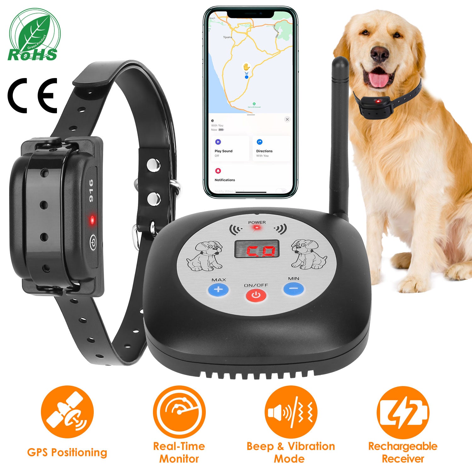 328FT Electric Wireless Dog Fence System With GPS Location Monitor Collar Receiver Rechargeable Beep Vibration Fence System for Small Medium Large Dog