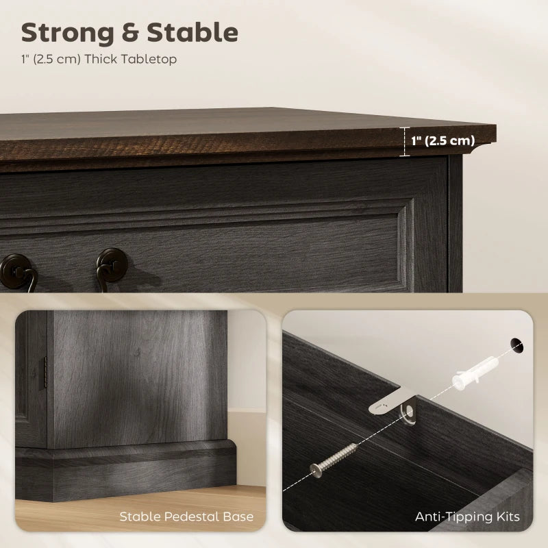 55" Farmhouse Sideboard Buffet Cabinet with Charging Station, 2 Drawers and 2 Adjustable Shelves, Black Wood Grain