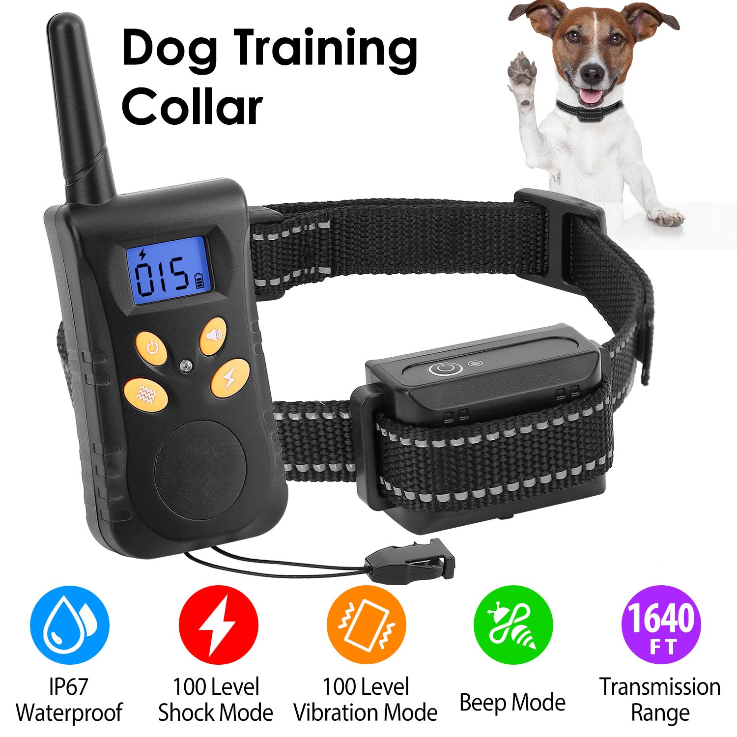 Dog Training Collar IPX7 Waterproof Pet Beep Vibration Electric Shock Collar Rechargeable Transmitter Receiver Trainer w/ Remote